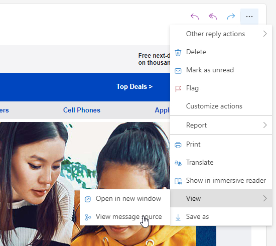 actions menu in outlook