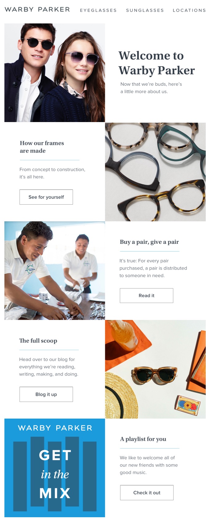 This welcome email introduces Warby Parker's newest subscribers to their brand and shares the company's value.