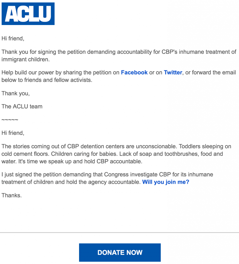 This is a nonprofit nurture email from the ACLU.