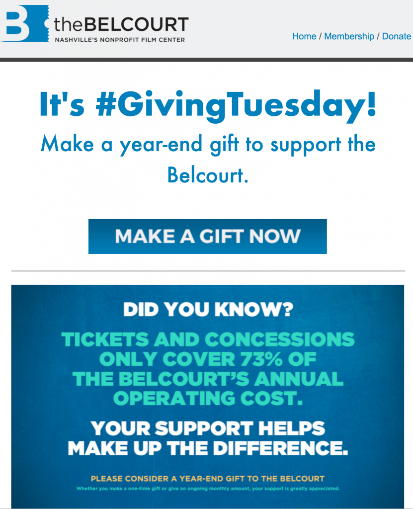 This is a Giving Tuesday email example from the Belcourt Historic Theater. This is a perfect example of nonprofit marketing in action.