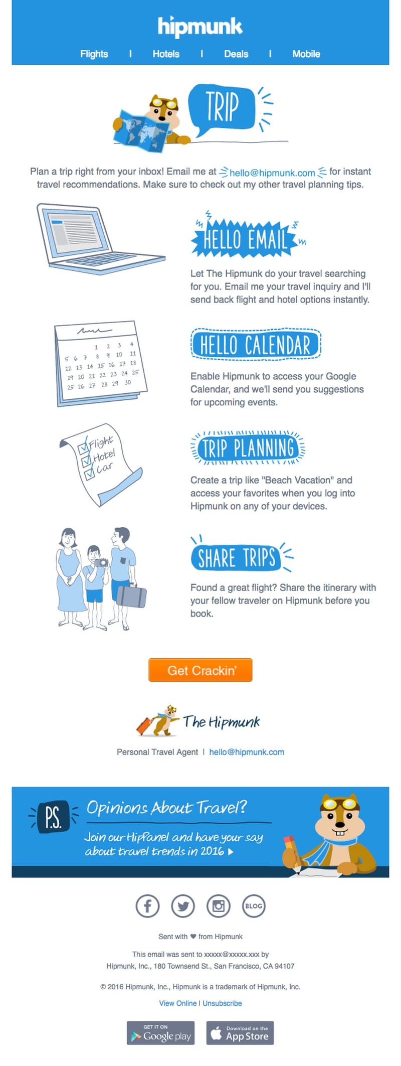 Hipmunk email showing an example of a travel agency informational email