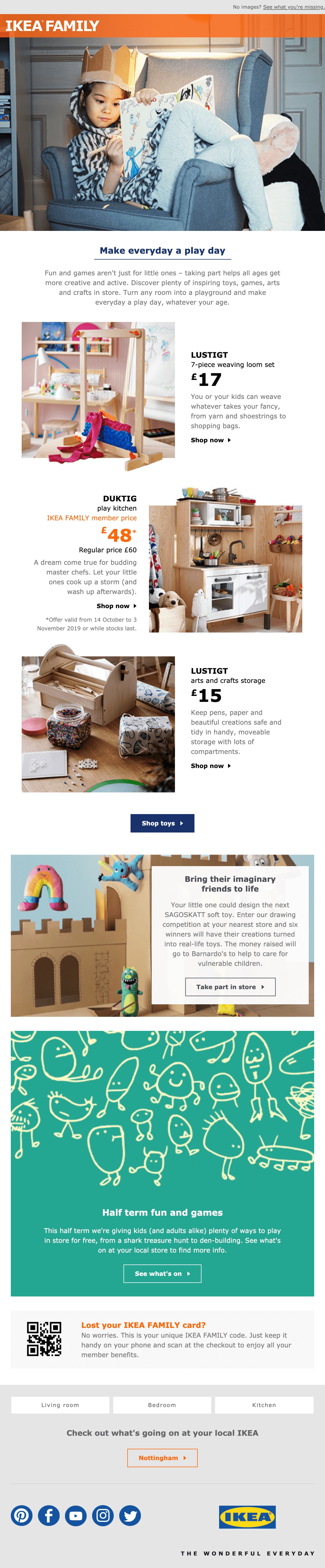 an email example from IKEA that has a photo of girl reading, with 3 columns of content in the body