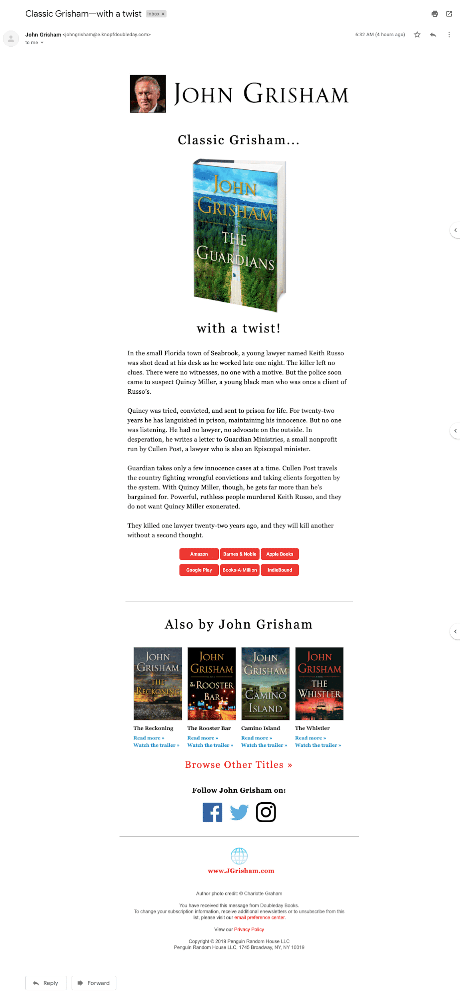 John Grisham promotional email for The Guardians