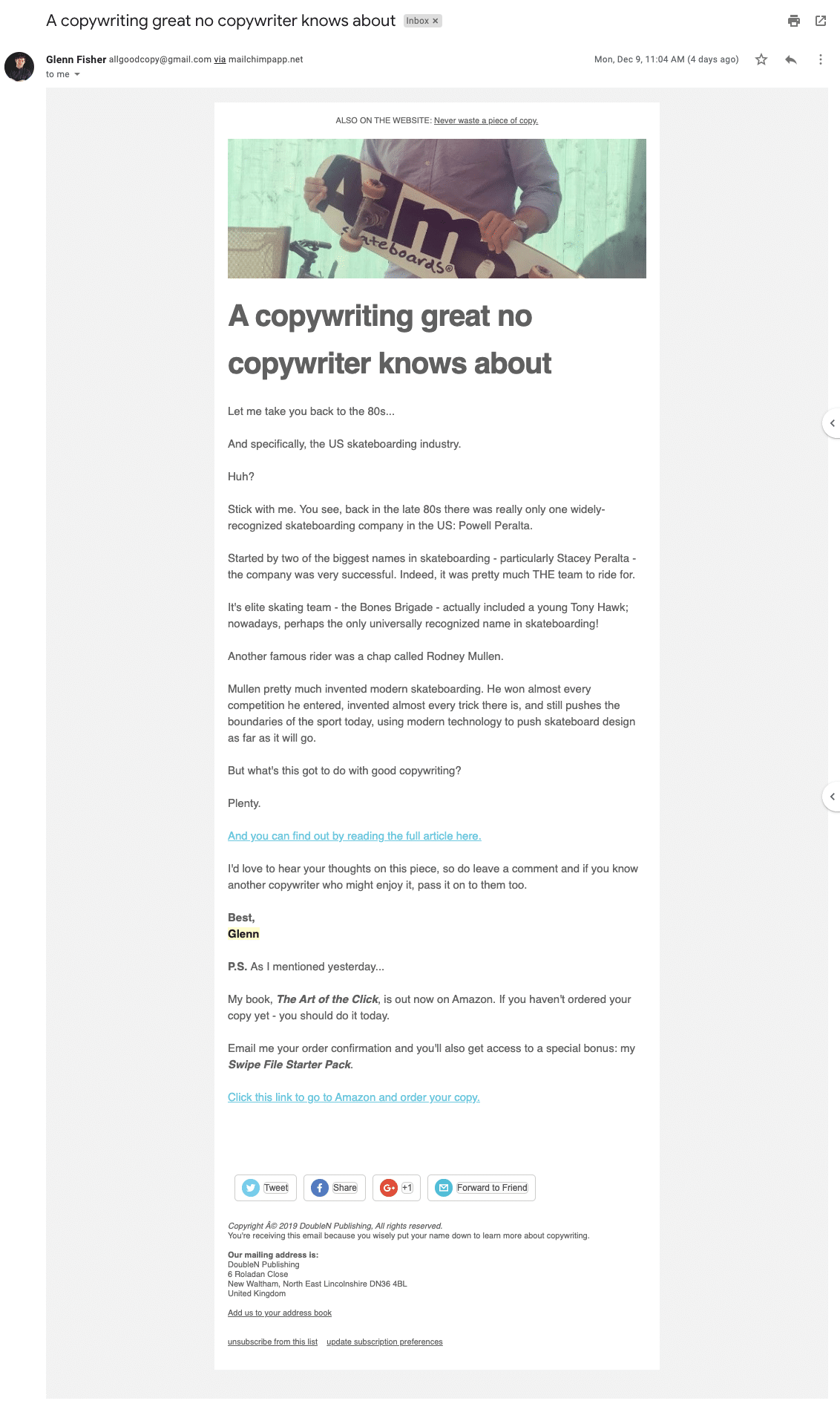 Glenn Fisher email with subject line, “A copywriting great no copywriter knows about”
